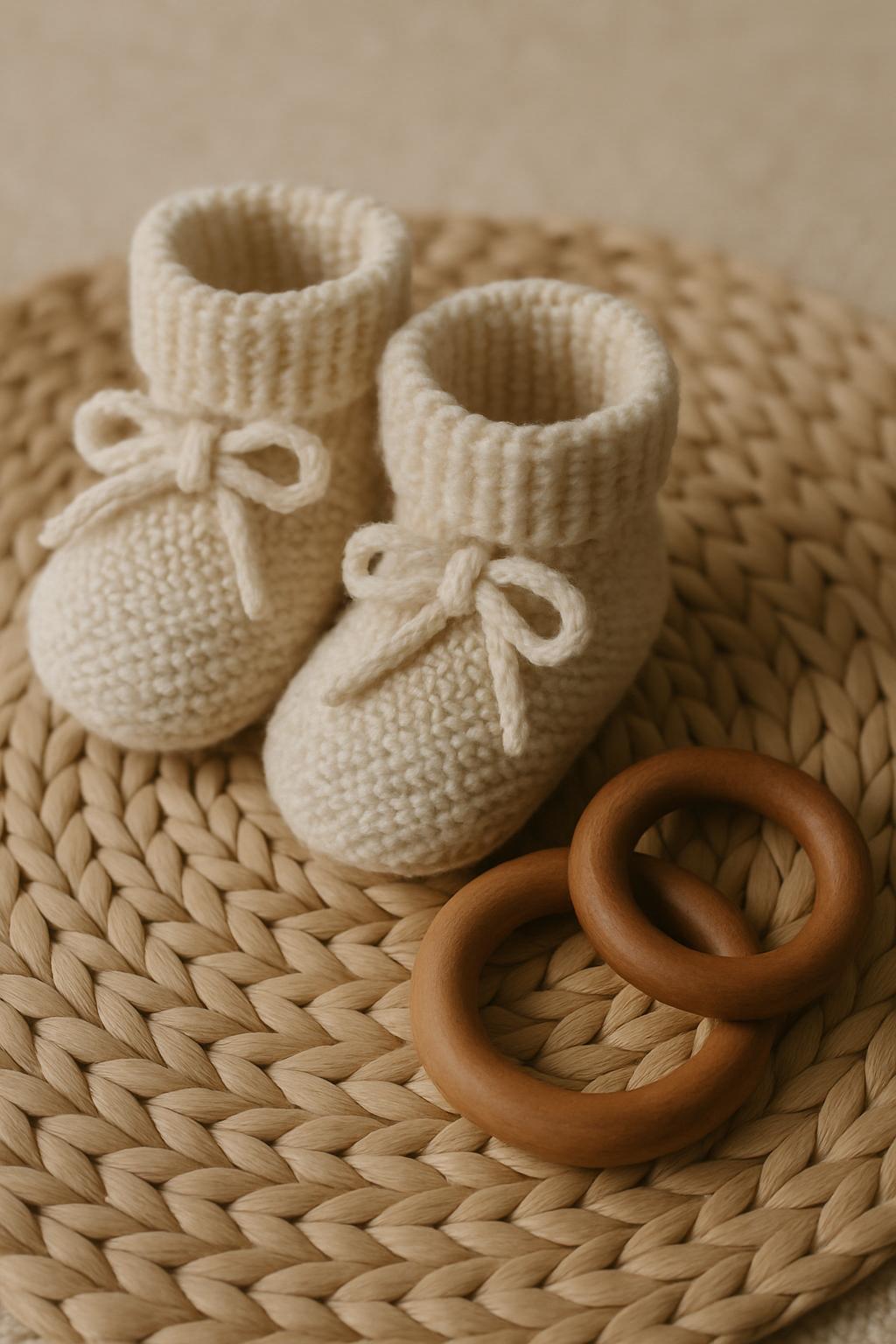 "Chaussures de bébé en peluche, un jouet en bois de chêne et un tapis négligé. "